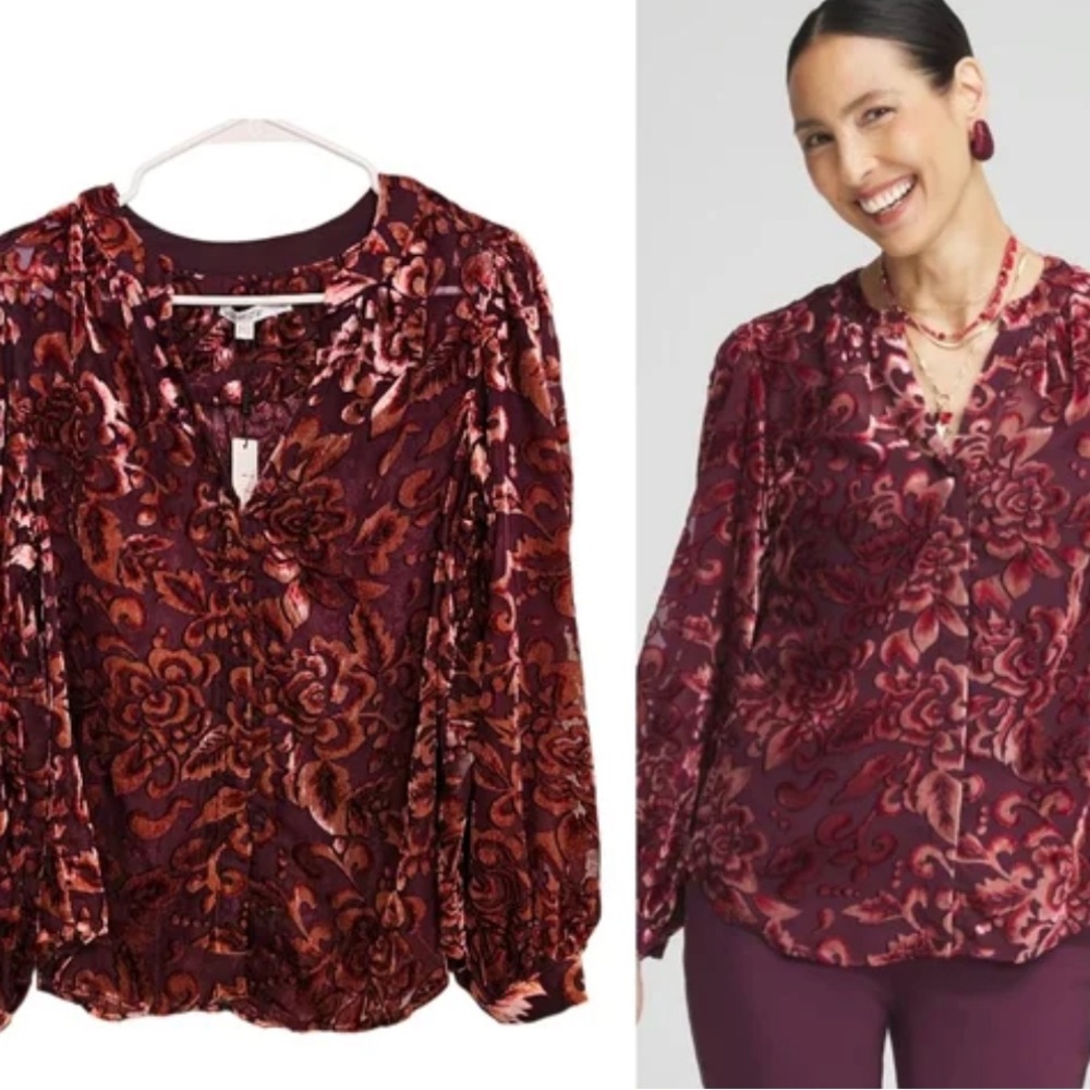 Chico's Burgundy Floral Velvet Burnout Blouse